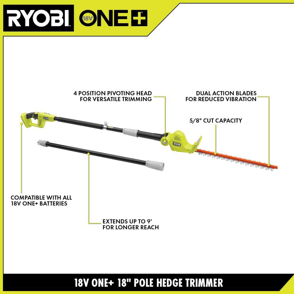 RYOBI ONE+ 18V 18in. Cordless Battery Pole Hedge Trimmer (Tool Only) P26010BTL