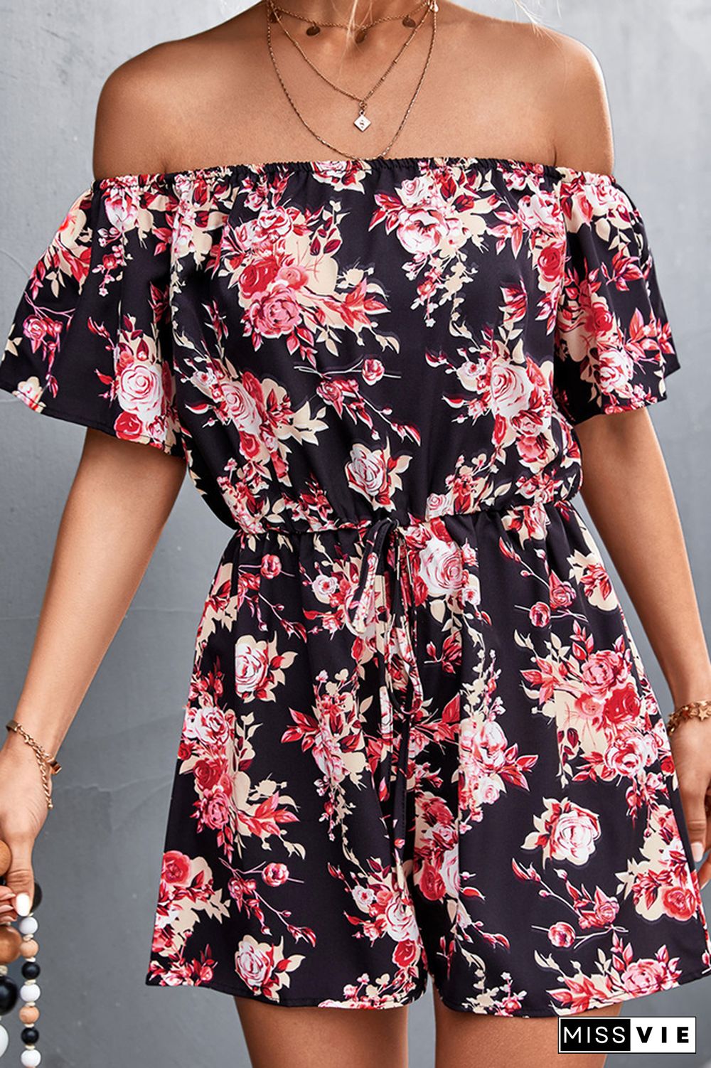 Floral Print Off Shoulder Shorts Jumpsuit Wholesale