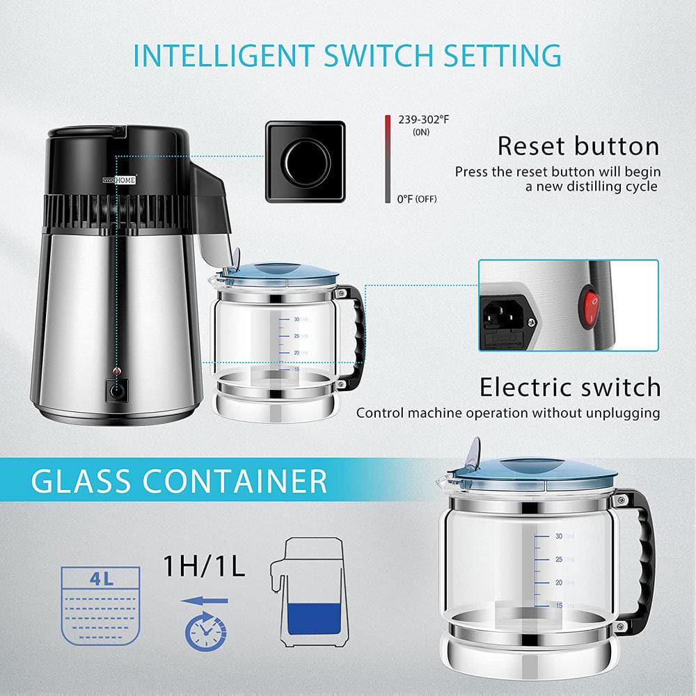 VIVOHOME 16Cup Brushed 304 Stainless Steel Water Distiller Machine with a Switch Purifier Filter