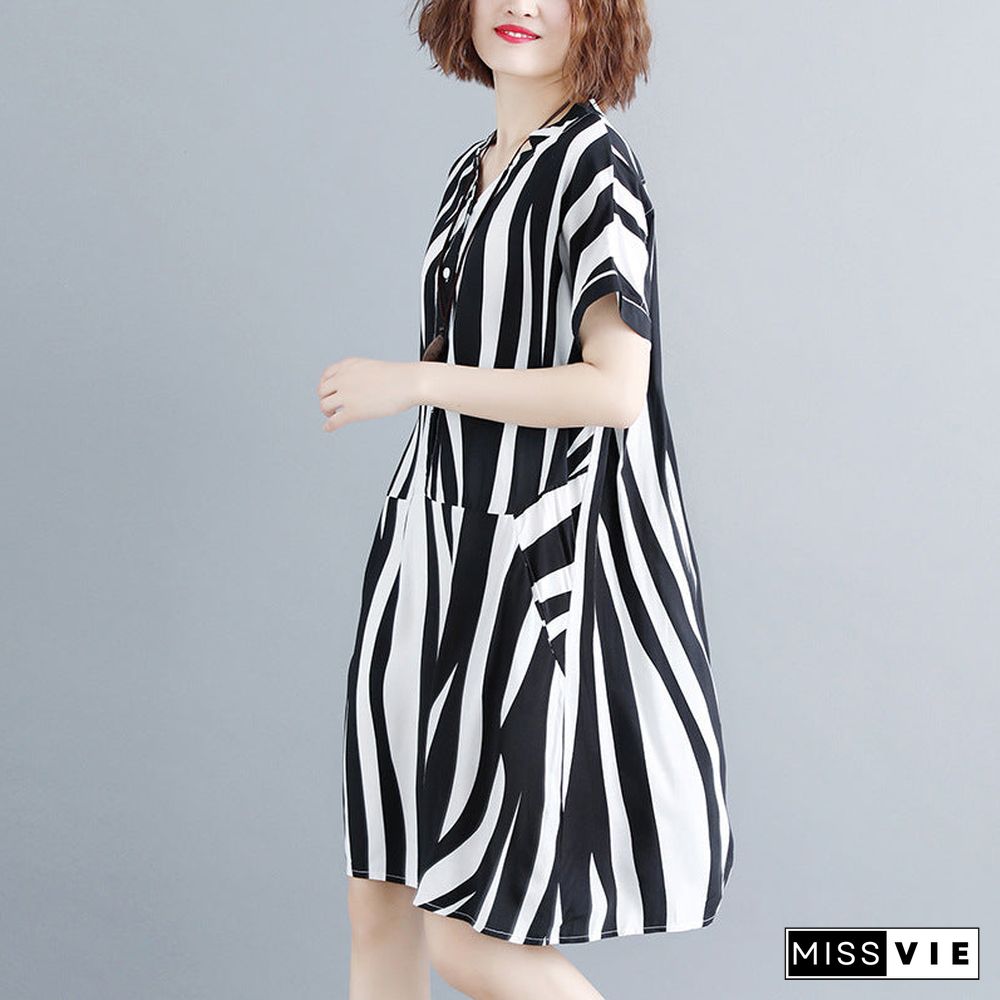 fashion striped cotton linen dresses plus size short sleeve gown v neck cotton linen dress