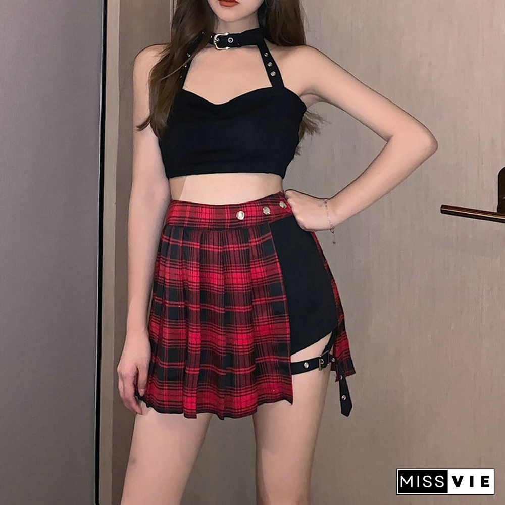 Women Sexy Goth Skirt Fashion High Waist Plaid Pleated Skirt Summer Elastic Irregular Mini Skirts Casual Streetwear Y2k Skirt