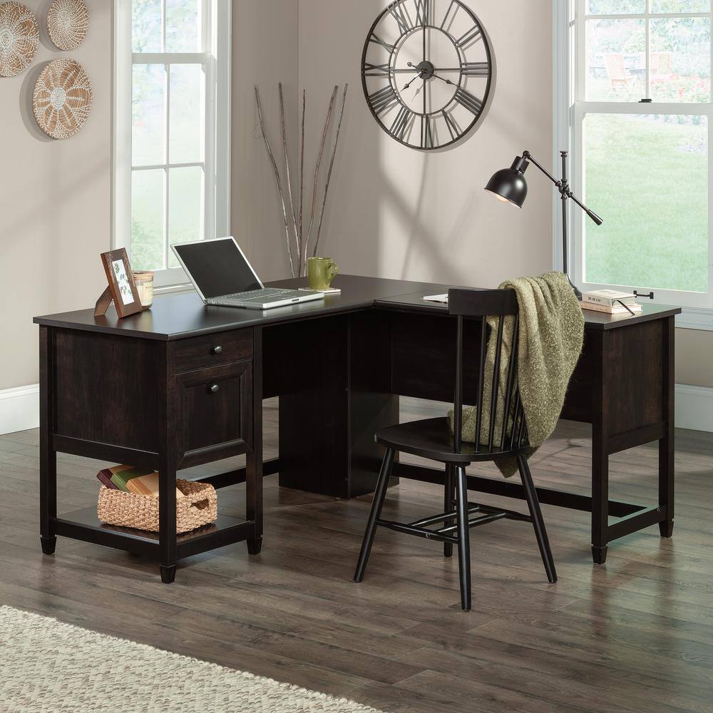 SAUDER Edge Water 59 in. L-Shaped Estate Black 2-Drawer Computer Desk with File Storage 431582