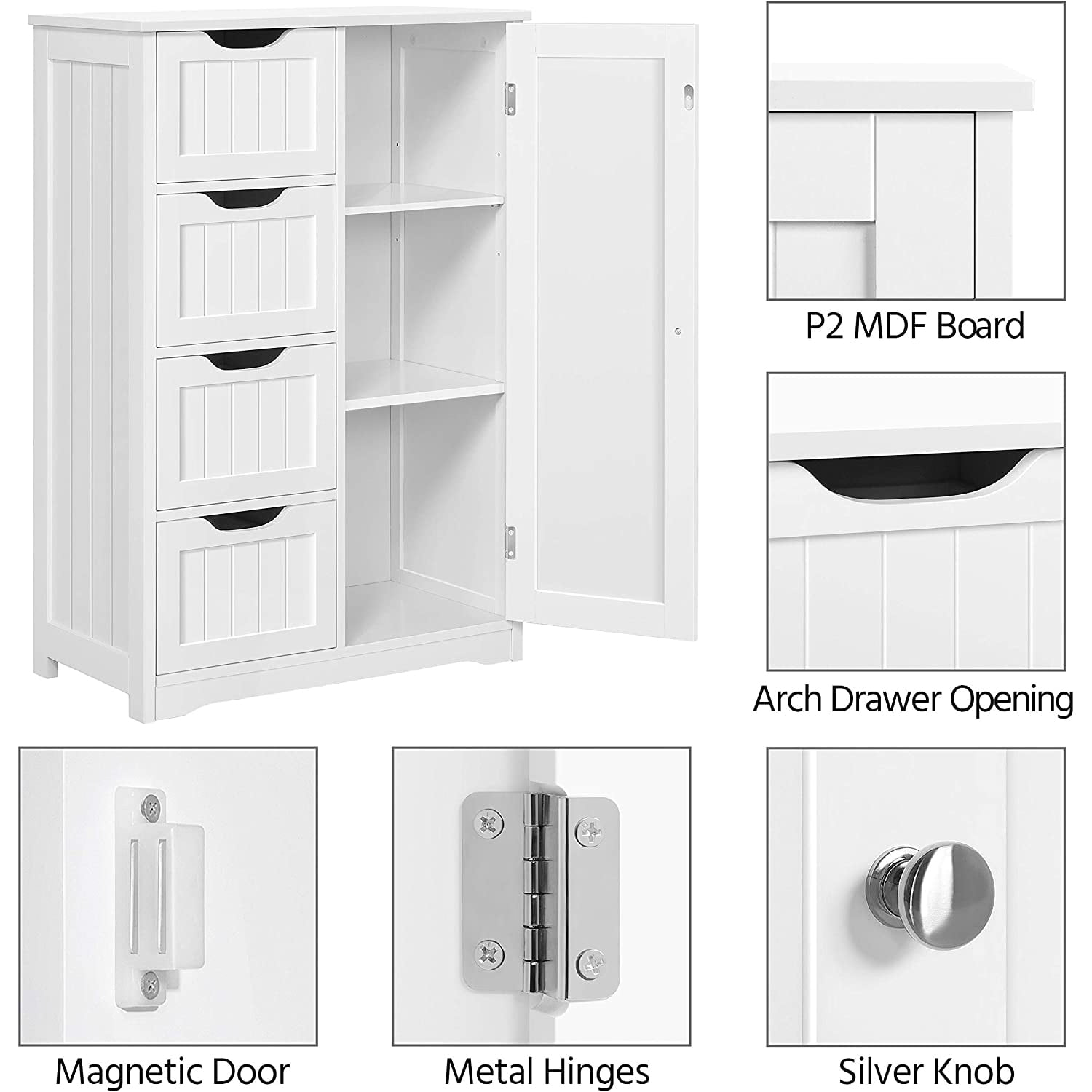 Vebreda 4 Drawer Bathroom Cabinet Storage Cupboard 3 Shelves Free Standing White