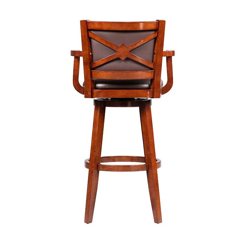 Hugo 34 Inch Swivel Barstool， Wood， Open Rolled Arms， Bonded Leather， Brown