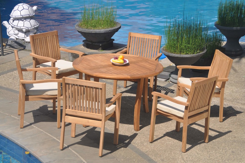 7 Piece Outdoor Teak Dining Set  48 quotRound Table  6 Leveb Stacking Arm Chairs   Transitional   Outdoor Dining Sets   by Teak Deals  Houzz