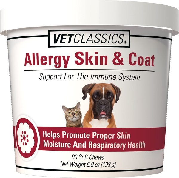 VetClassics Allergy Skin and Coat Soft Chews Dog and Cat Supplement， 90 count