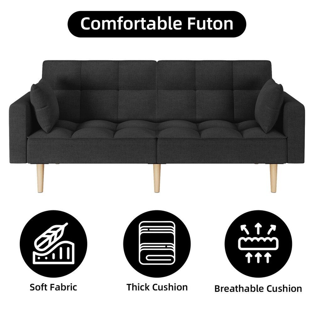 Linen Couches Upholstered Futon Sofa Bed with Thicken Wood Legs