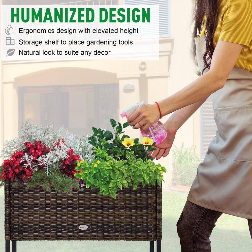 Outsunny Elevated Steel Brown Raised Garden Bed with Rattan Wicker Look Underneath Tool Storage Rack 867-039