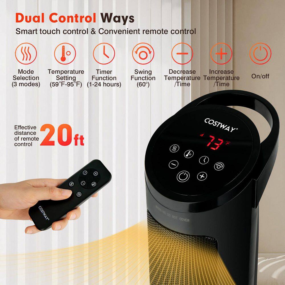 Costway 1500-Watt Portable Electric PTC Heater Swing Space Heater with 24-Hours Timer andThermostat EP25439US-BK