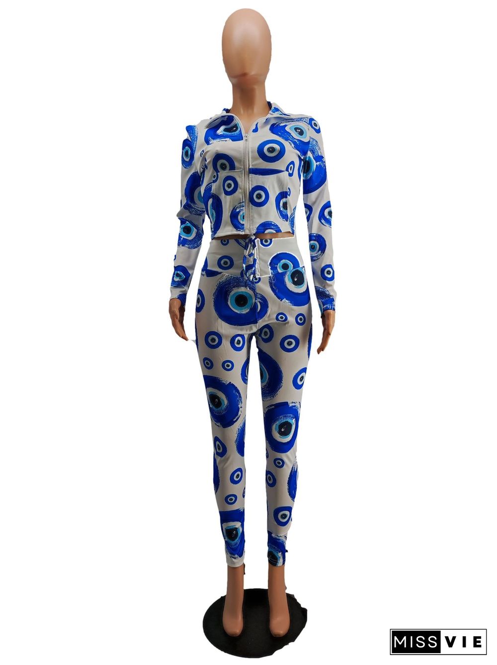 Commuter Print Zipper Jacket High Waist Pants Suit