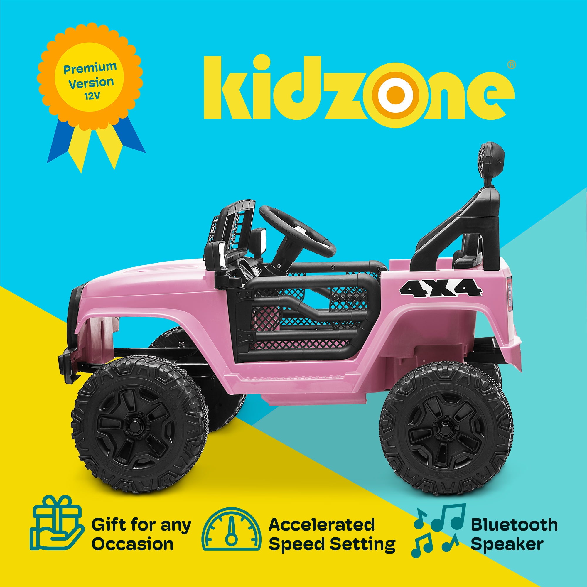 Kidzone 12V Battery Powered Electric Ride-on SUV Toy Vehicle for Boys & Girls, DIY License Plate, 4 Wheeler Quad Car, MP3, High Low Speeds, LED Lights, Bluetooth - Pink