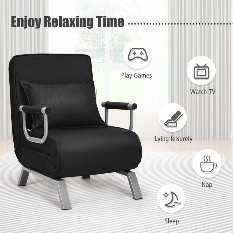 Folding Convertible Sofa Bed Sleeper Chair w/Pillow, 5-Position Armchair Chaise Lounge Couch