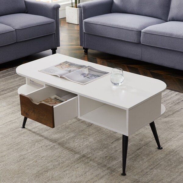 Wood Coffee Table with Drawer and Shelf -White