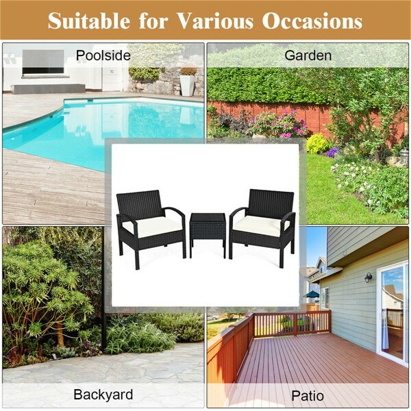 3 Pieces Outdoor Rattan Patio Conversation Set with Seat Cushions -  - 37563811