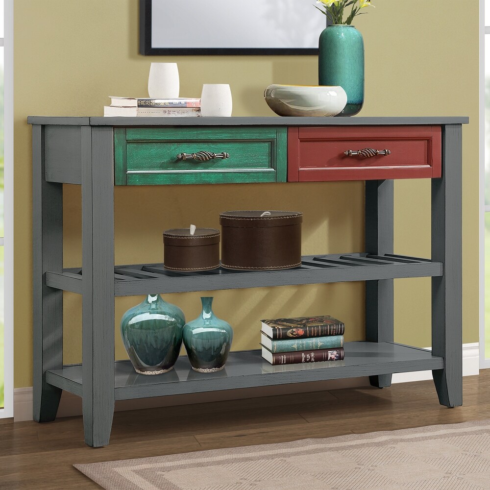 Gray Console Table Entryway Sofa Table with Drawers and Shelves