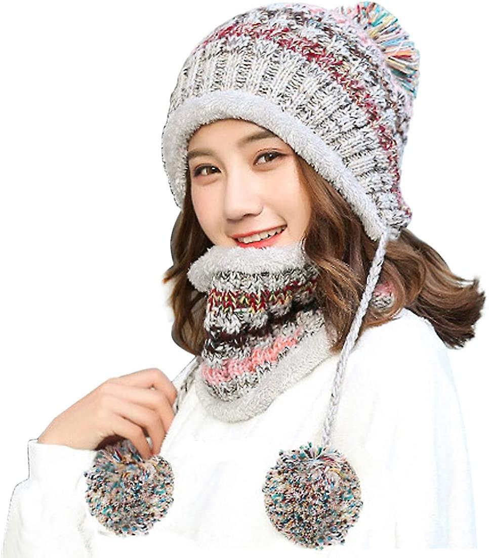 Women Winter Beanie Hat Peruvian Circle Scarf Set Ski Ear Flaps Caps Dual Layered Fleece Lined Pompoms A2-m8771-gray -