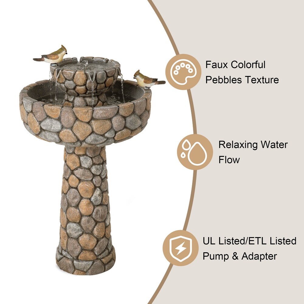 Glitzhome 24.5 inch Outdoor 2 tier Faux Pebbles Polyresin Birdbath Fountain with Pump