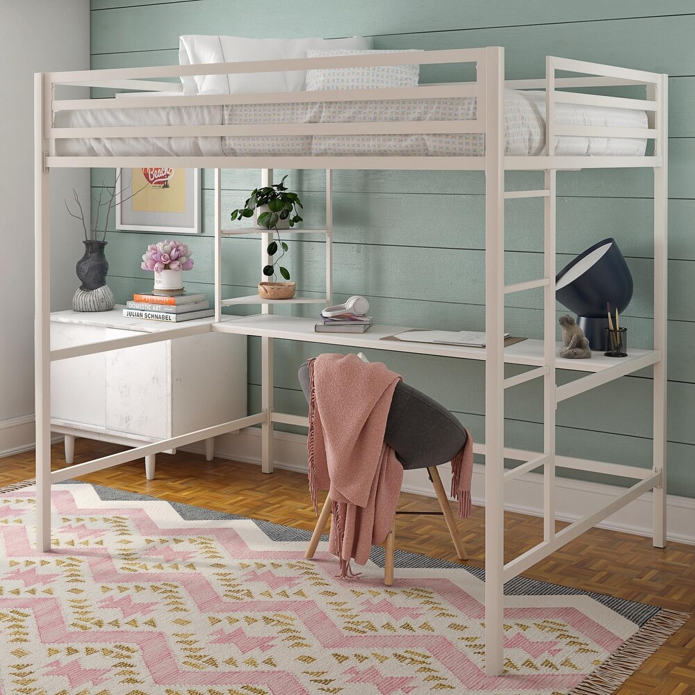 The Novogratz Maxwell Metal Loft Bed with Desk   Shelves