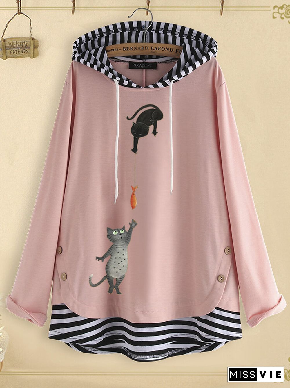 Stripe Patchwork Cartoon Print Long Sleeve Hoodie