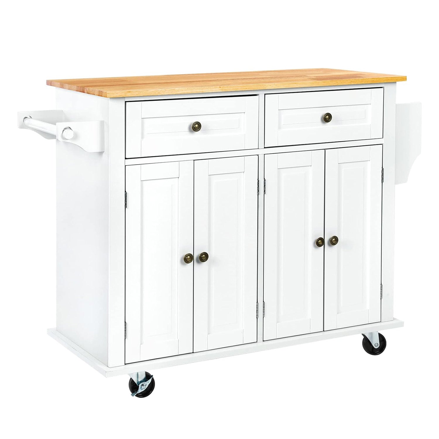 Wide Rolling Kitchen Island 43.3 Inches with Storage, Solid Wood Top and Locking Wheels