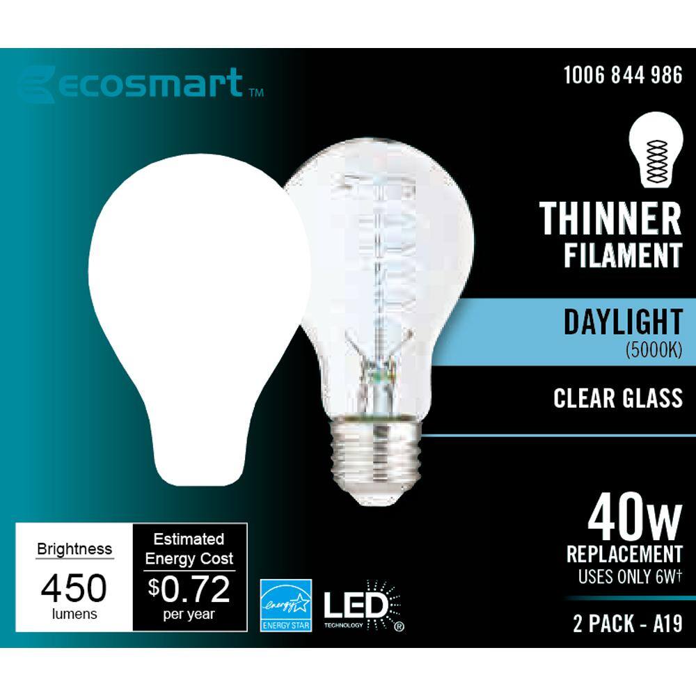 EcoSmart 40-Watt Equivalent A19 ENERGY STAR and CEC Dimmable Fine Bendy LED Light Bulb Daylight (2-Pack) A19C6E26950S