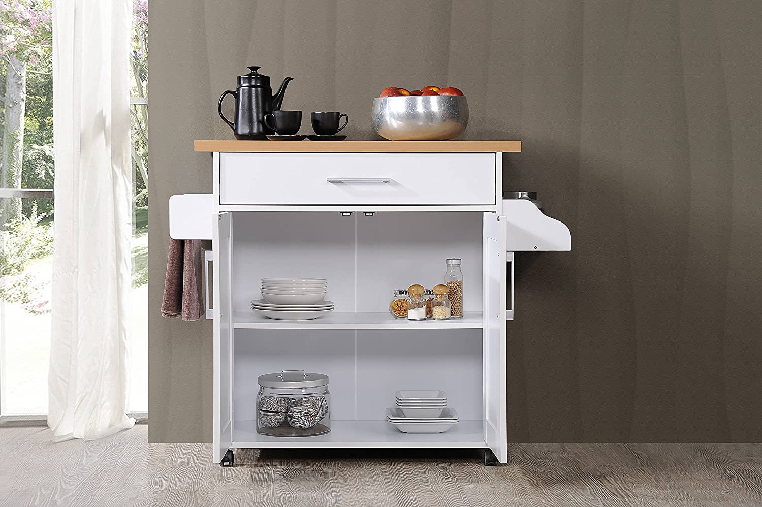 Hodedah Kitchen Island with Spice Rack， Towel Rack and Drawer， White with Beech Top， 15.5 x 35.5-44.9 x 35.2 inches