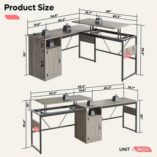 Bestier 60 in. Wash Grey Reversible L-Shaped Computer Desk With Lift-Top and Cabinet H100824B-GRYW