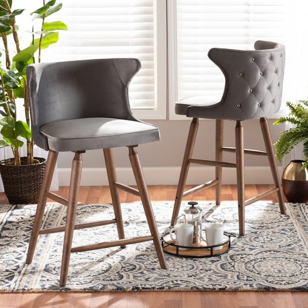 Sagira Modern Velvet Fabric and Walnut Finished 2-PC Counter Stool Set