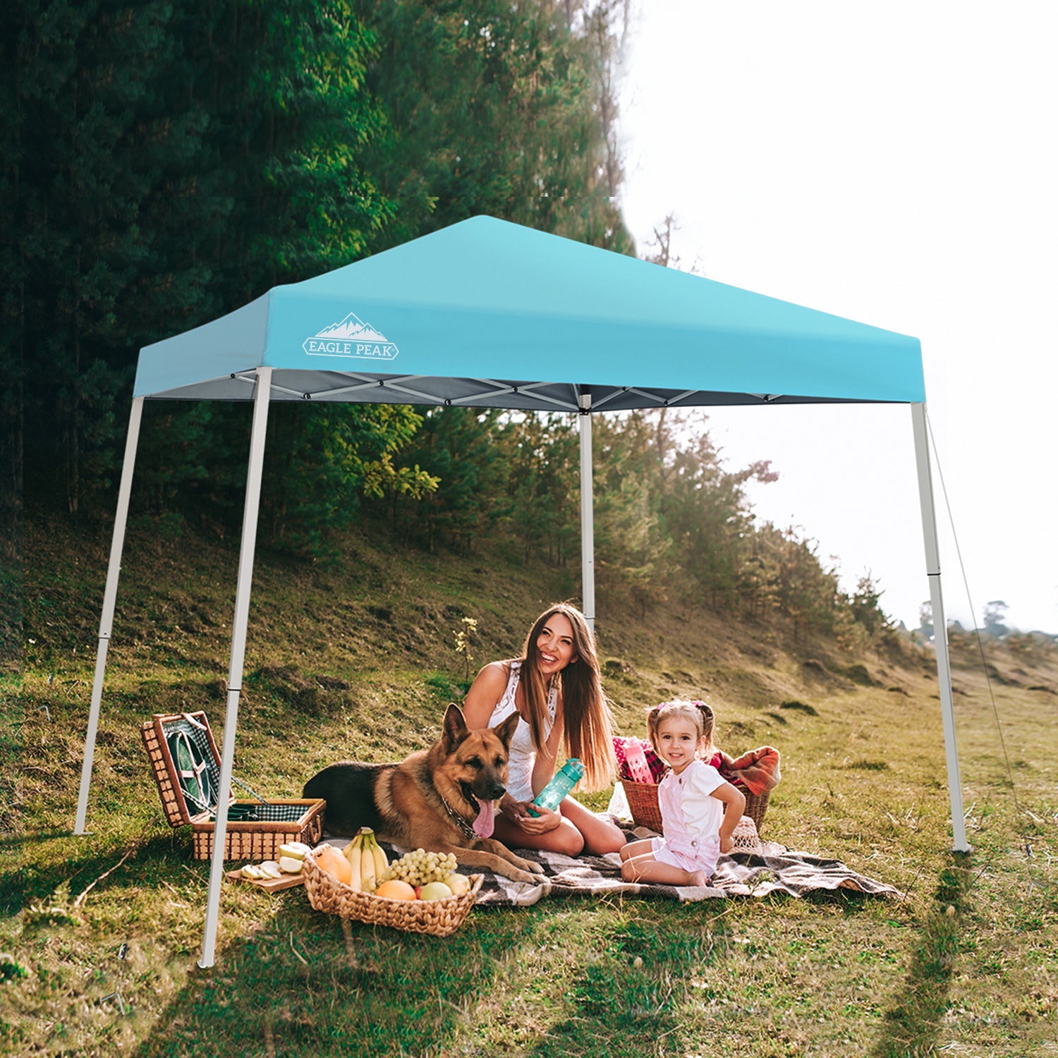 EAGLE PEAK 10' x 10' Slant Leg Pop-up Canopy Tent Easy One Person Setup Instant Outdoor Canopy Folding Shelter with 64 Square Feet of Shade (Light Blue)