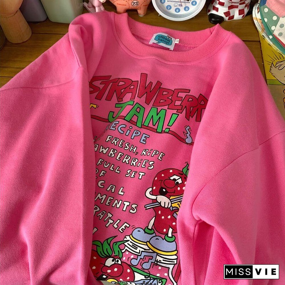 Harajuku Oversized Strawberry Print Hoodie Women O Neck Loose Vintage Clothes Top Streetwear Sweatshirts Graphic Cute Pullover220719