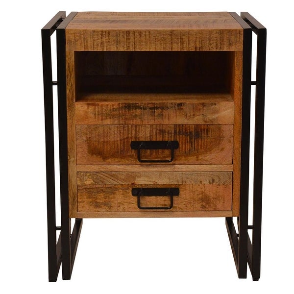 2 Drawer Wooden Framhouse Side Table with Open Cubby and Metal Frame - 16 L X 20 W X 24 H Inches