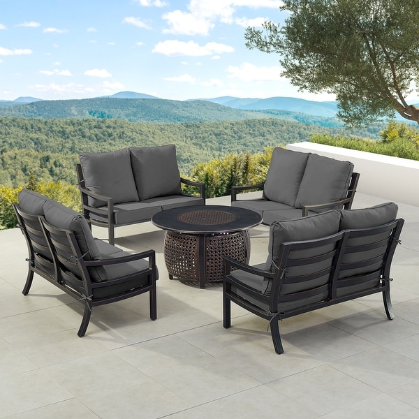 Black Aluminum Fire Table Set with Four Deep Seating Loveseat with Cushions