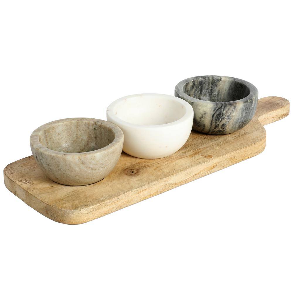 Laurie Gates California Designs Marble and Mango Wood 4 Piece Condiment Divided Serving Dishes and Paddle Board Set 985119106M