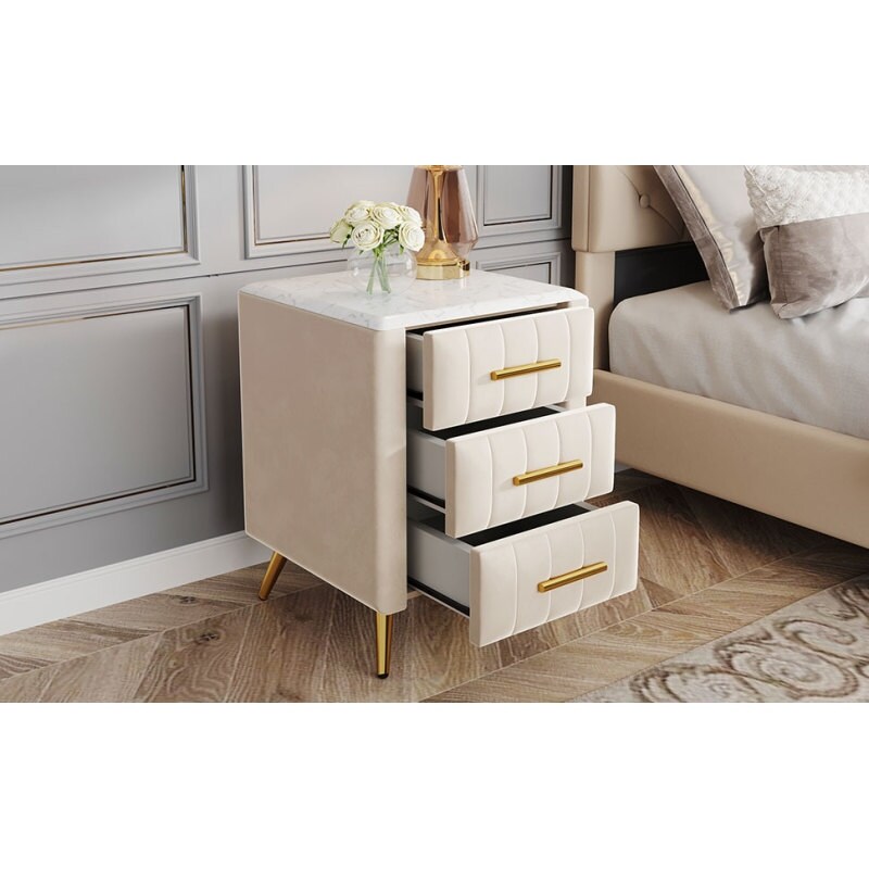 Upholstered Velvet Nightstand with 3 Drawers  Metal Legs and Handles  Storage Bedside Table with Marbling Table Top