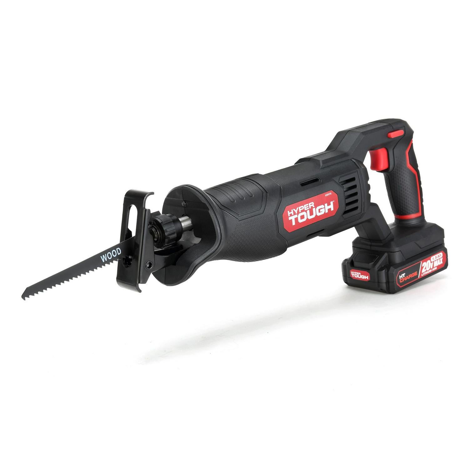 Hyper Tough 20V Max Lithium-ion Cordless Reciprocating Saw， Variable Speed， Keyless Blade Change， with 1.5Ah Lithium-ion Battery and Charger， Wood Blade and LED Light