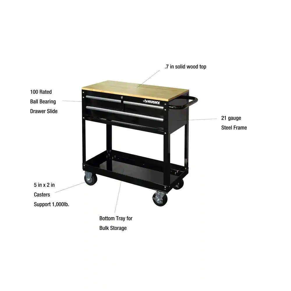 Husky HOUC3603B1QWK 36 in. W x 17 in. D Standard Duty 3-Drawer Rolling Tool Cart with Hardwood Top in Gloss Black