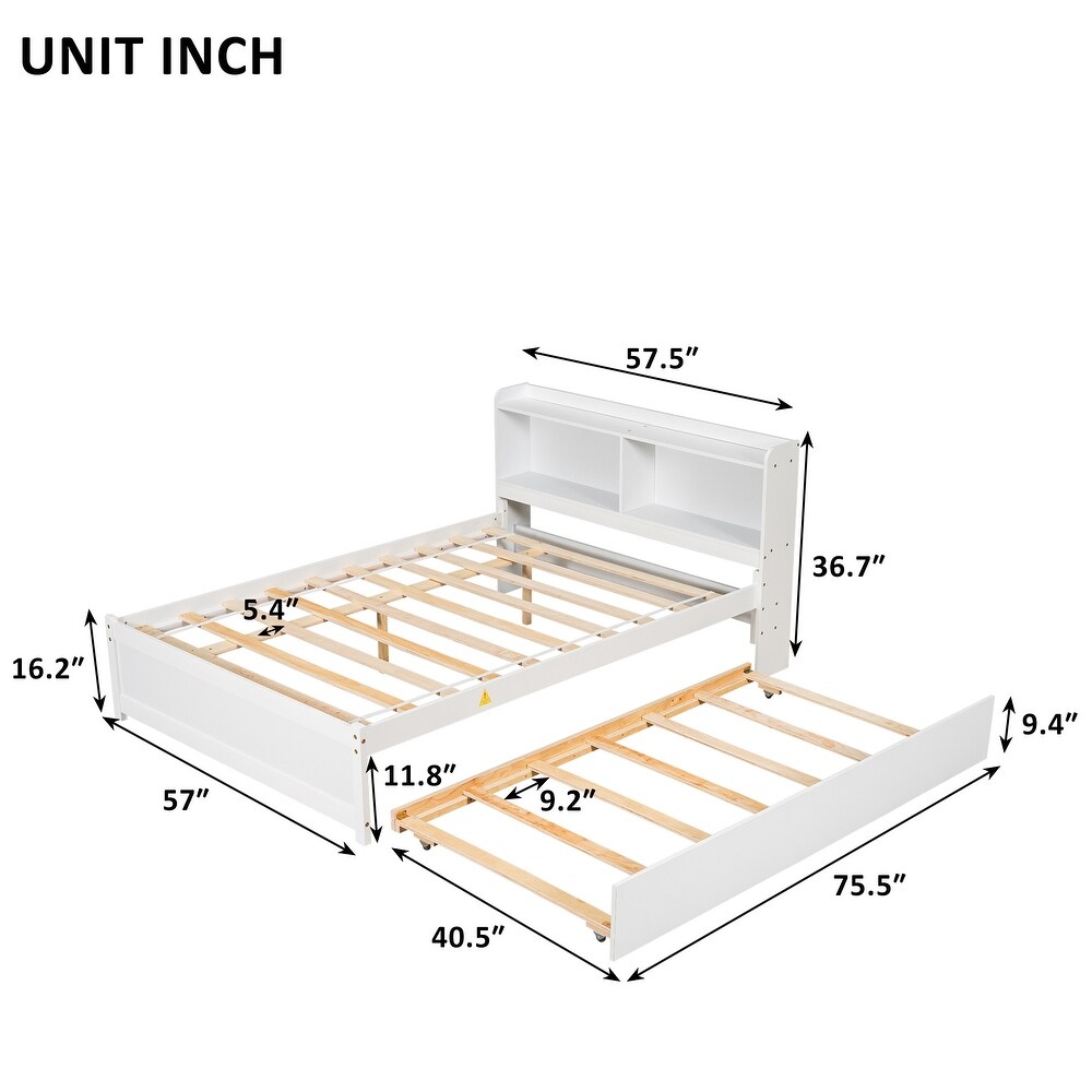 Full Bed Storage Headboard Double Bed Modern Bedroom Wood Slatted Frame Pull out Bed with Trundle and Bookcase  Easy Assembly