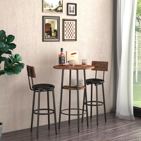 3-Piece Industrial Bar Table Set with 2 PU Leather Stools， Round Counter Height Dining Table Set for Pub， Bistro， Cafe