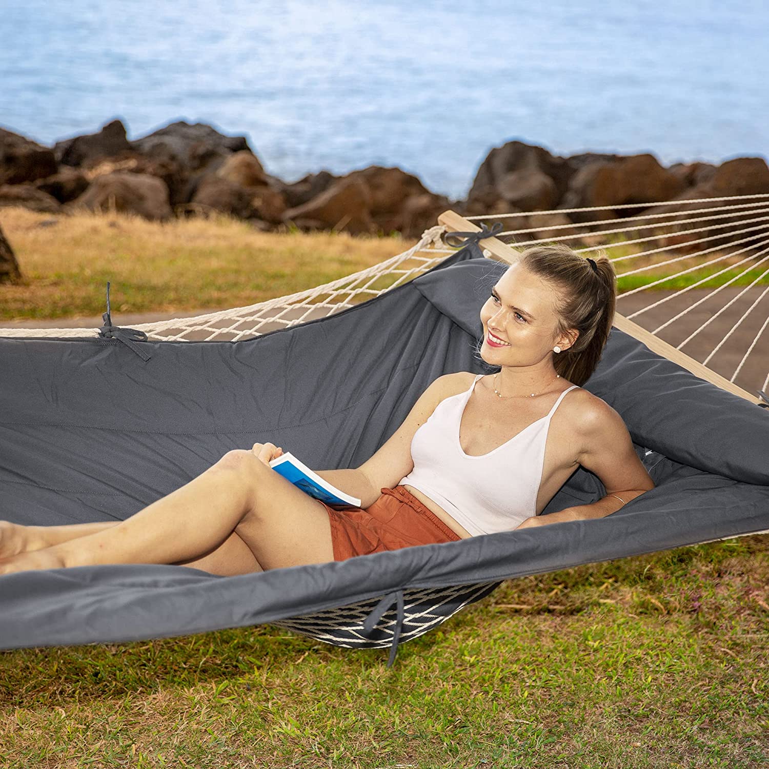 SUNCREAT Hammocks for Outside, Two Person Hammock for Patio, Garden, Porch, Outdoor, Dark Grey