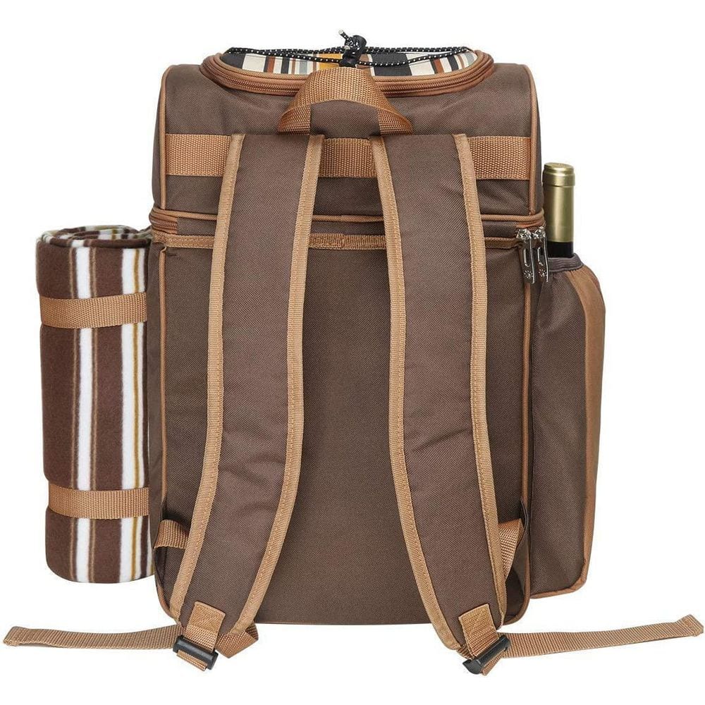 12 in. Blasting Brown Picnic Backpack-2 Insulation Cooler Wine Rack Wool Blanket B08MPY2VB2