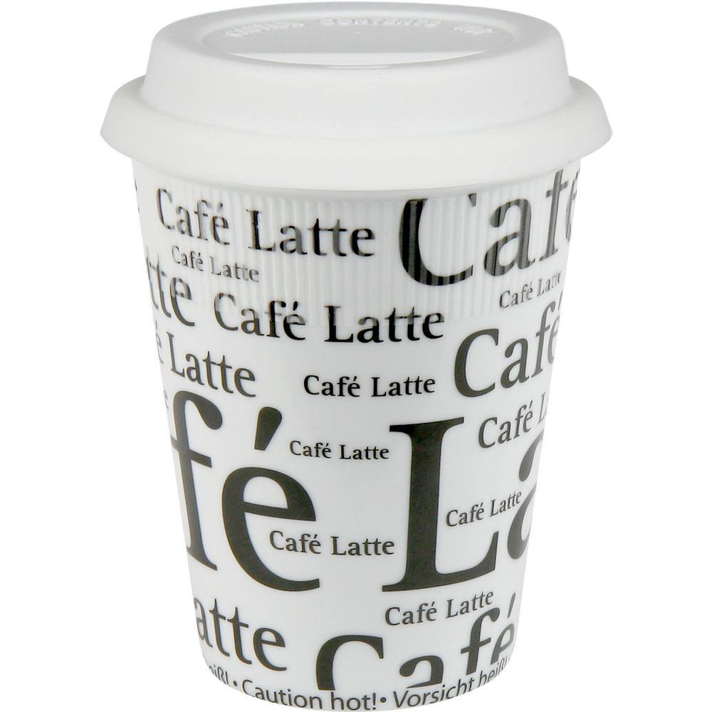 Konitz 4-Piece Cafe Latte Writing on White Porcelain Travel Mug Set 4451620647