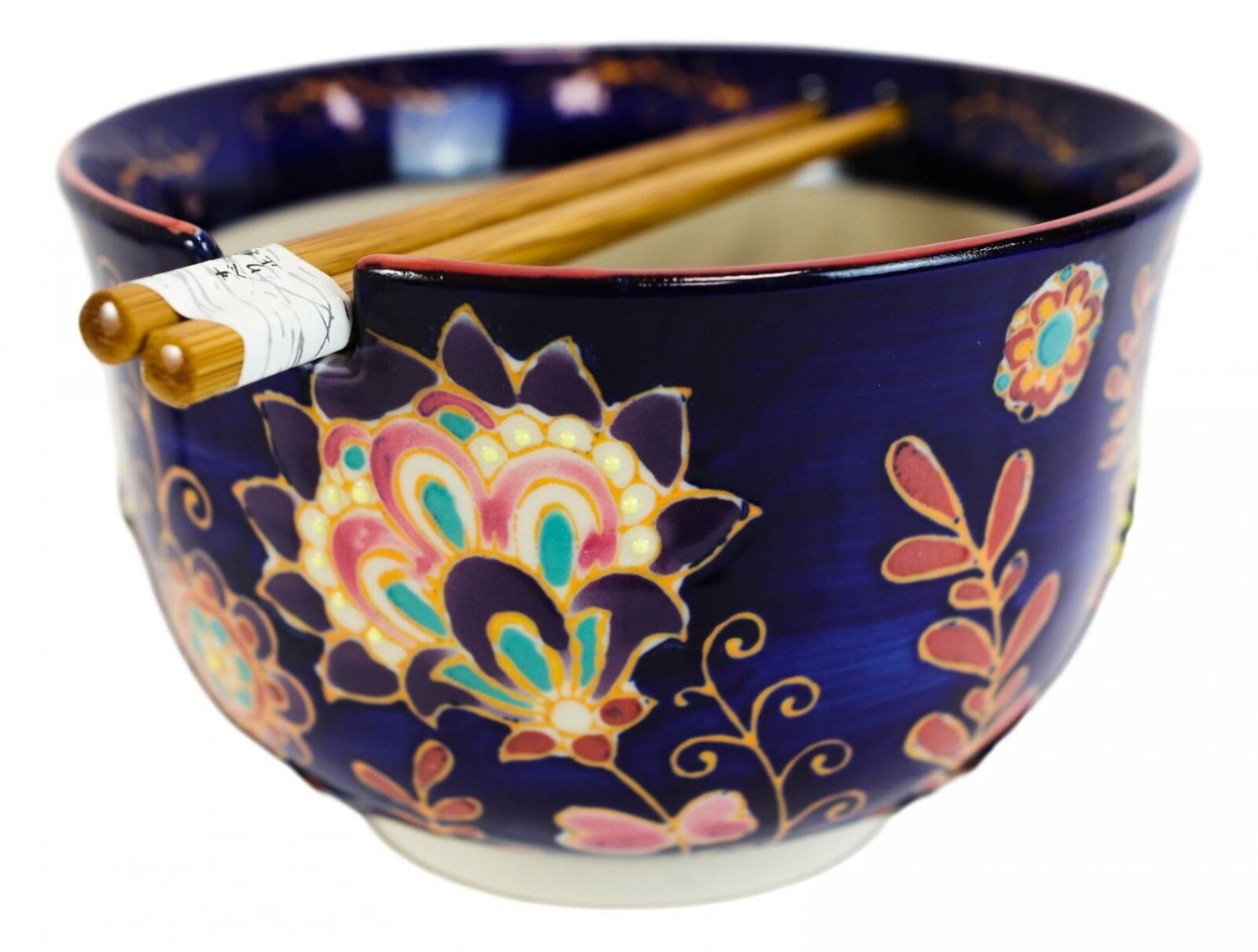 1 Mandala Floral Blossoms Purple Ramen Noodles Soup Large 6D Bowl W/ Chopsticks EBR02