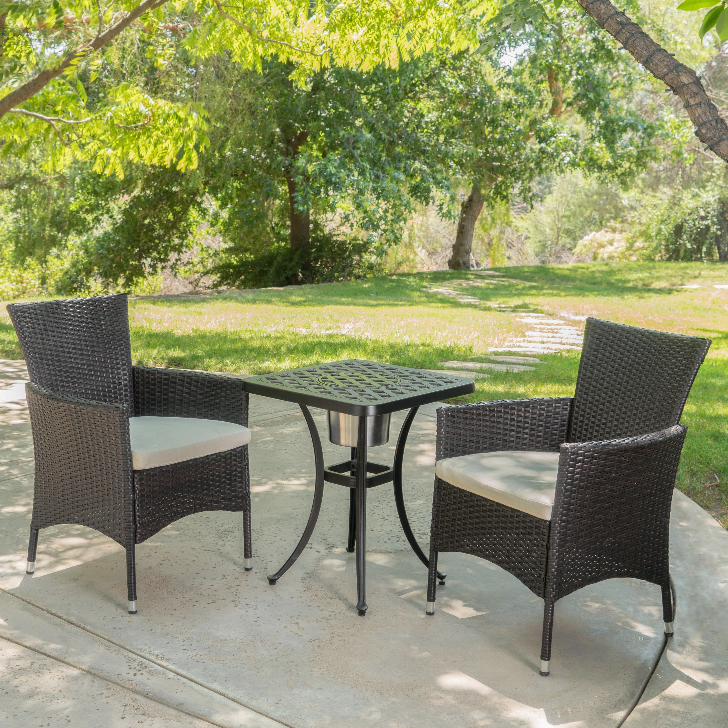 Ariel Outdoor 3Pc Wicker Bistro Set w/ Water Resistant Cushions