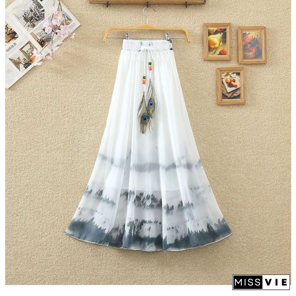 Summer Bohemian Long Skirt Chiffon Elegant Print Casual Skirts