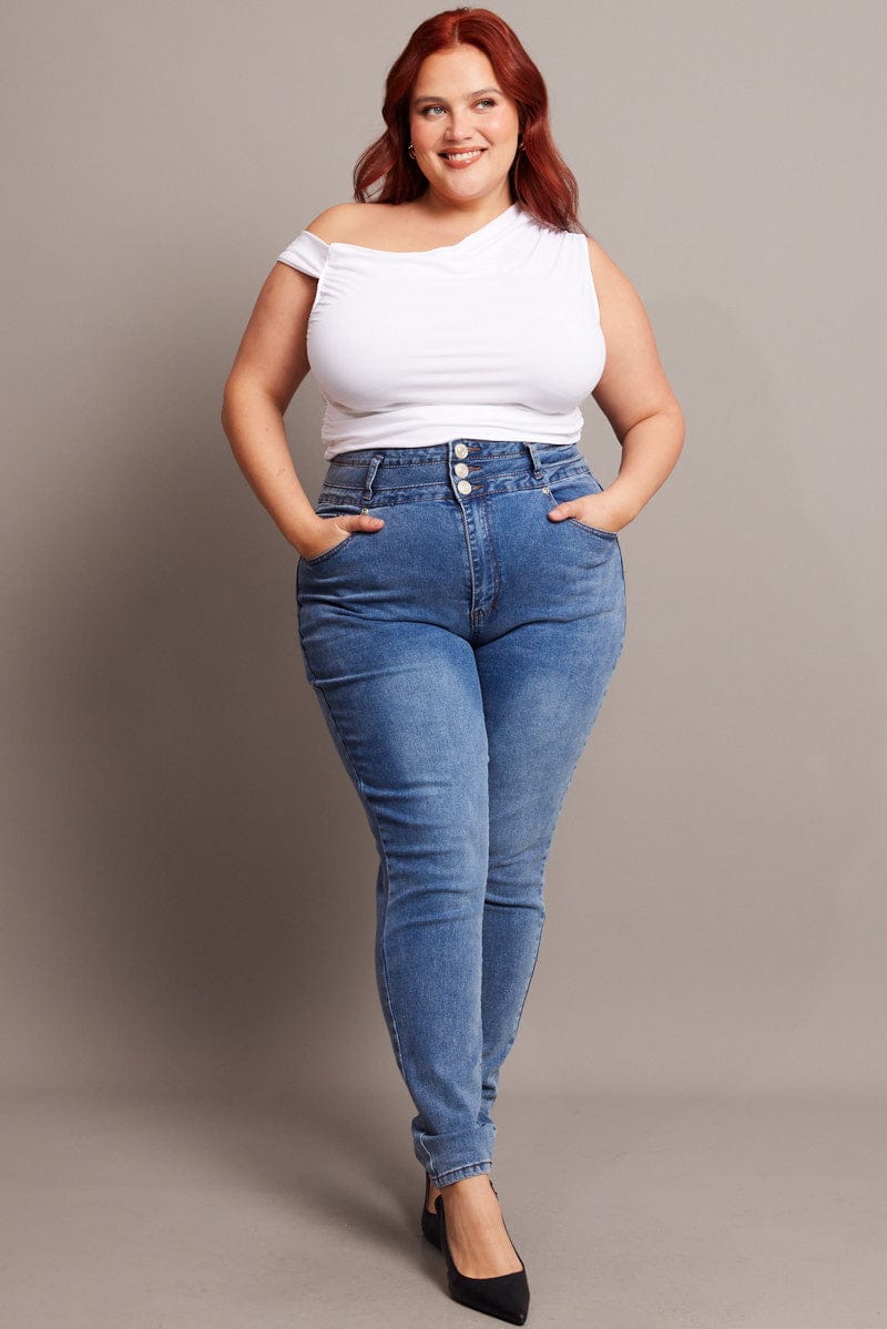 Denim Skinny Jeans High Rise Button Front