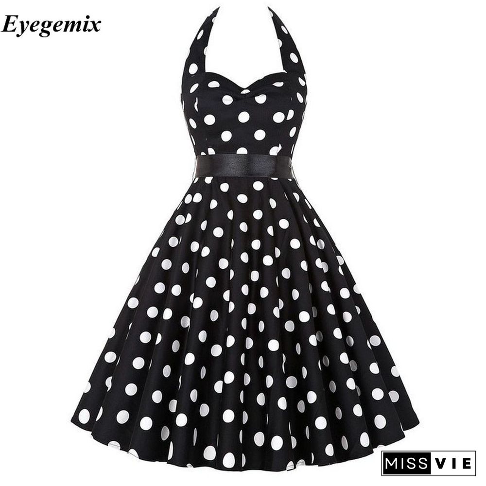 Women Polka Dot Print Summer Dress Sexy Retro White Black Halter Vintage Dress Robe Femme Pin Up 50S 60s Rockabilly Party Dress