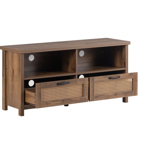 Rustic Rattan TV Stand with 2 Rattan Drawers and Open Storage， for TV ups to 55''