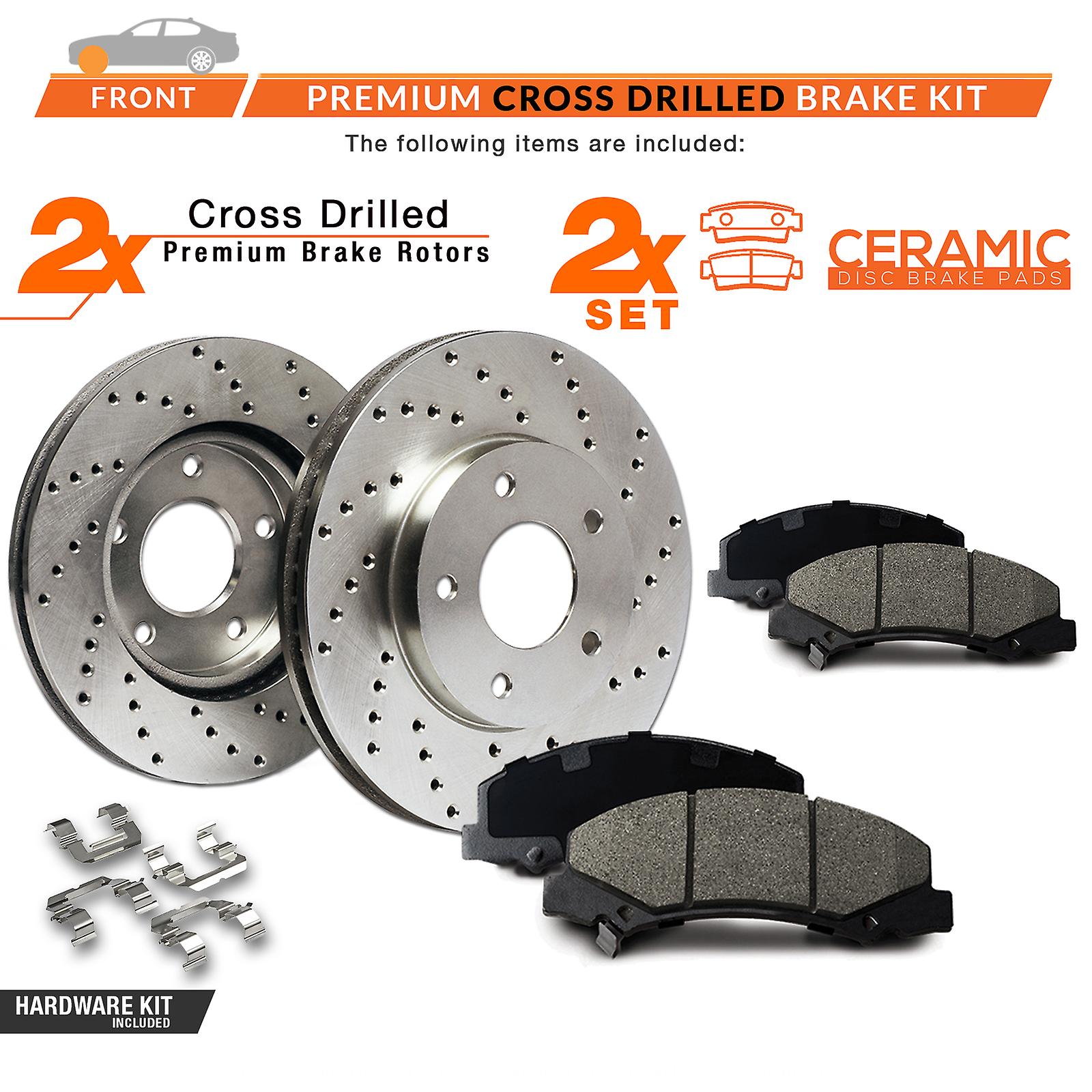 [FRONT] [NO ZINC] Cross Drilled Brake Rotors with Ceramic Pads and Hardware Kit