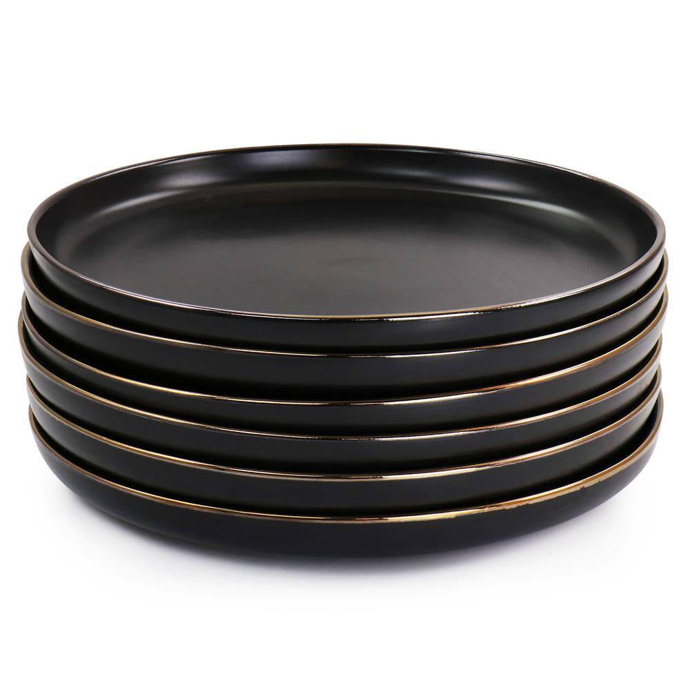 Elama Paul 6 Piece Stoneware Dinner Plate Set in Matte Black with Gold Rim 985116267M