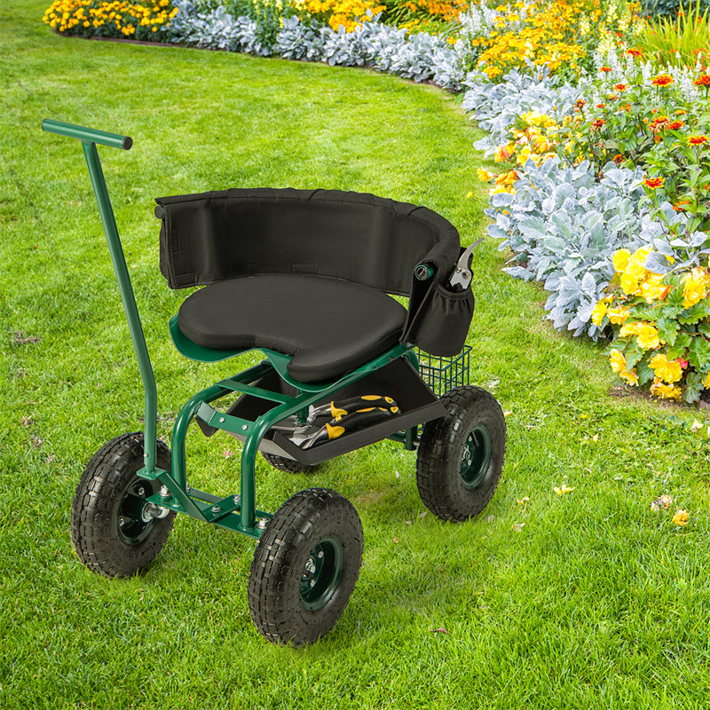 Rolling Garden Cart Gardening Workseat Adjustable Height Garden Scooter with Swivel Seat & Tool Storage